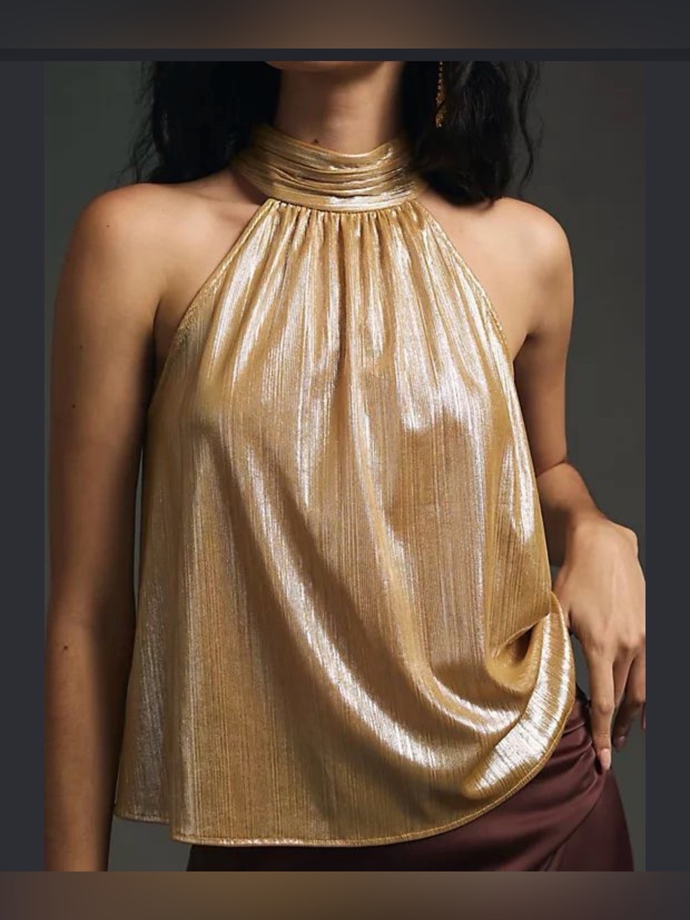 Anthropologie Metallic Gold One-Shoulder Halter Top